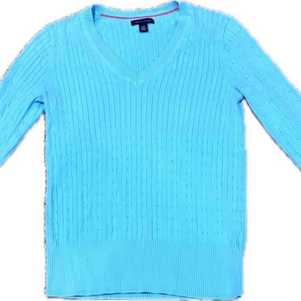 Tommy Hilfiger Cable Knit V-Neck Sweater Size Large Aqua 100% Cotton